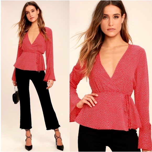 LULU’S Love Is Enough Red Polka Dot Wrap Top - Picture 1 of 3